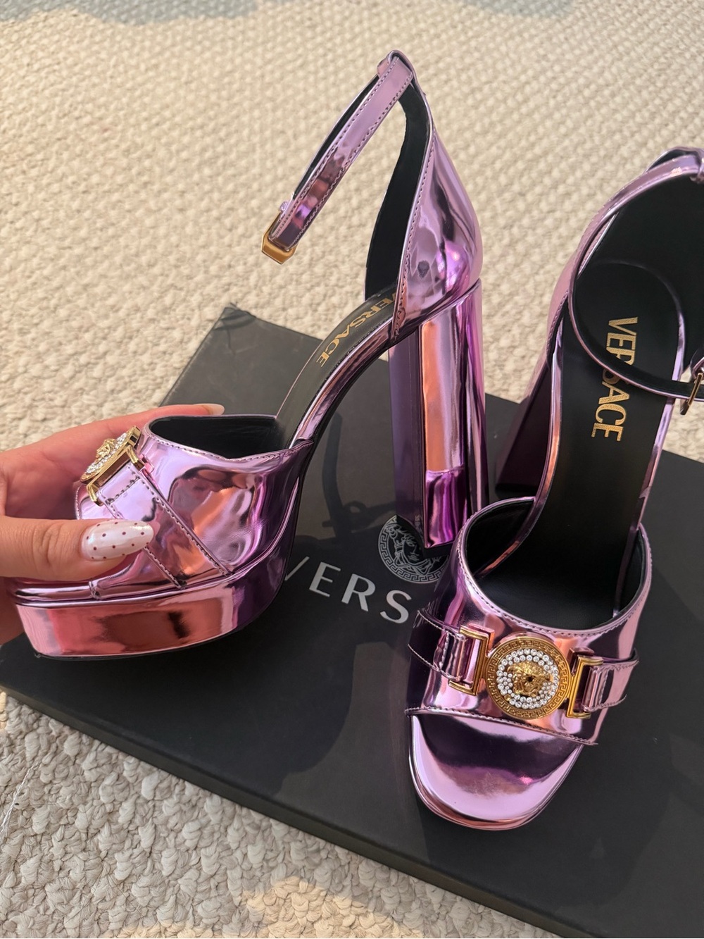 Versace Metallic Pink Platform Ankle-Strap Heels with Gold Medusa Detail